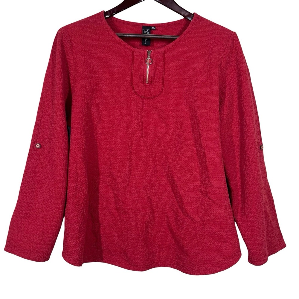 Focus Casual Life Cotton Gauze Top Womens XL Red Zip Neck Roll Tab Sleeve